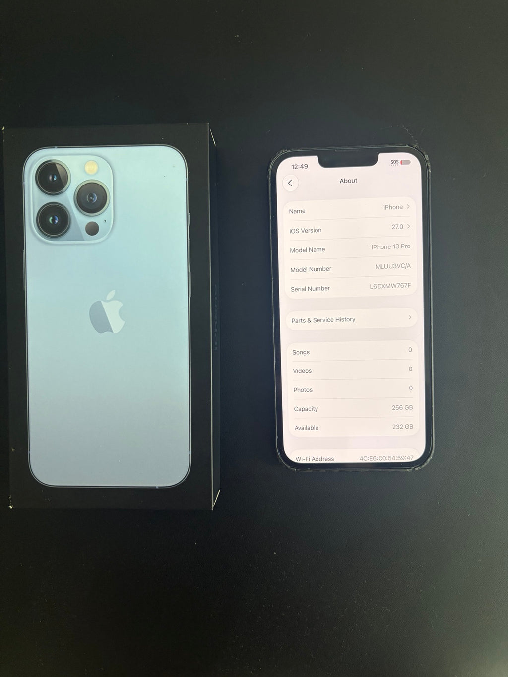 iPhone 13 Pro 256GB Sierra Blue About screen and box