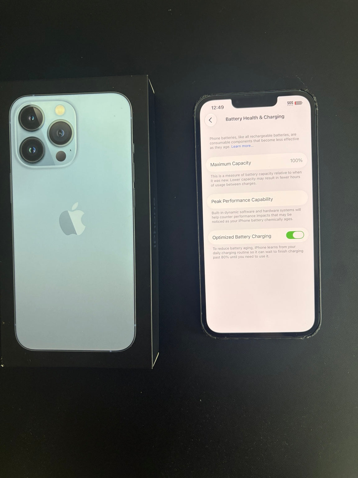 iPhone 13 Pro 256GB Sierra Blue battery health 100 percent