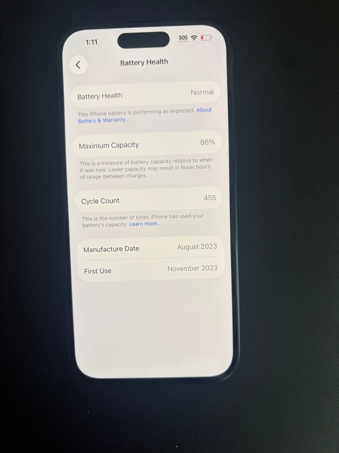 iPhone 15 128GB Black battery health 86 percent