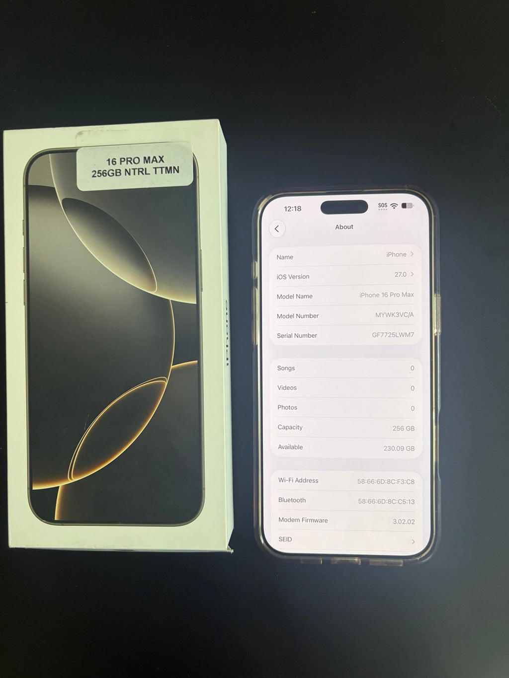 iPhone 16 Pro Max 256GB device information